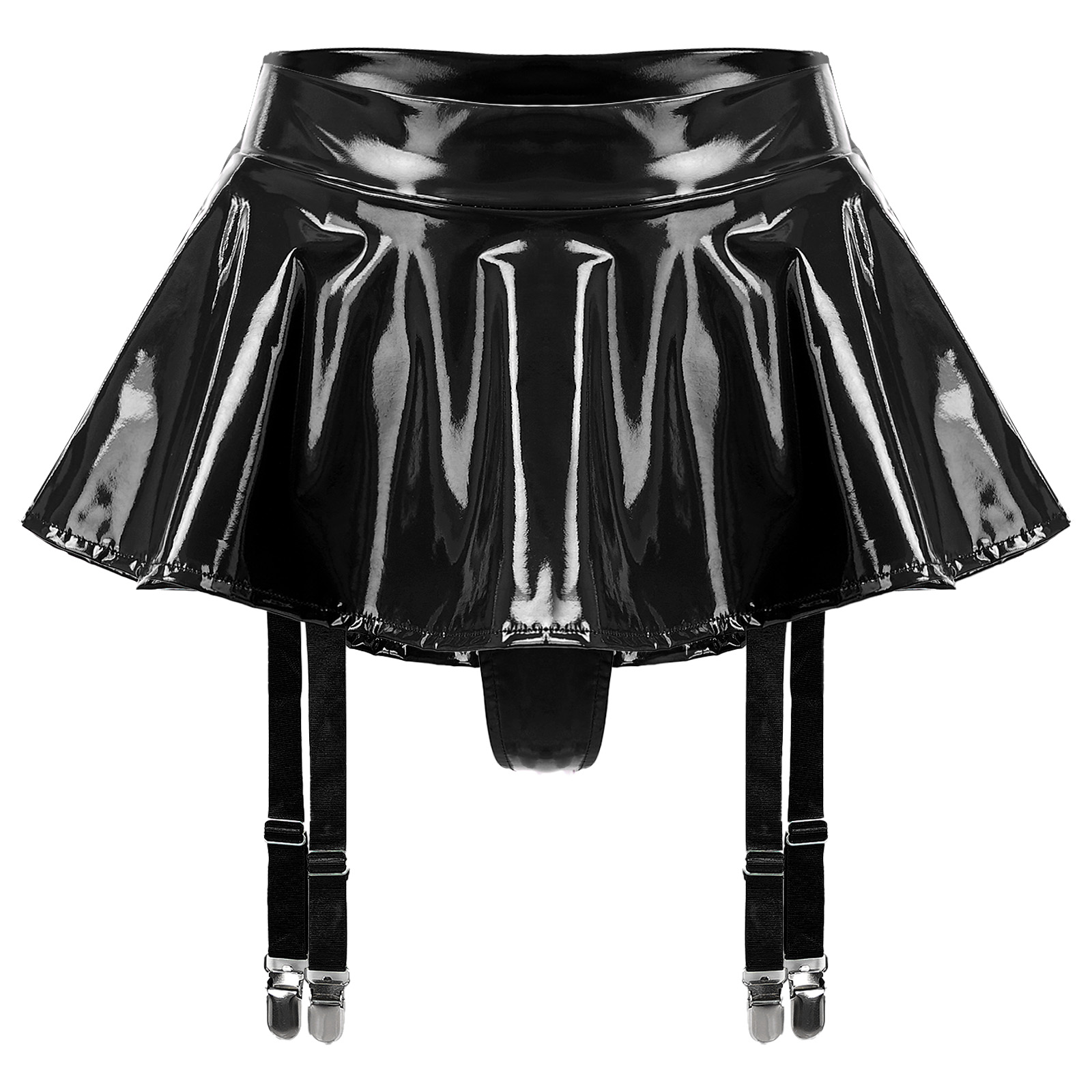 Sexy Women Latex Leather Ruffled Skirts Wetlook Party Low Waist Built-in Thongs Miniskirt with Garter Belts Clips Dance Clubwear
