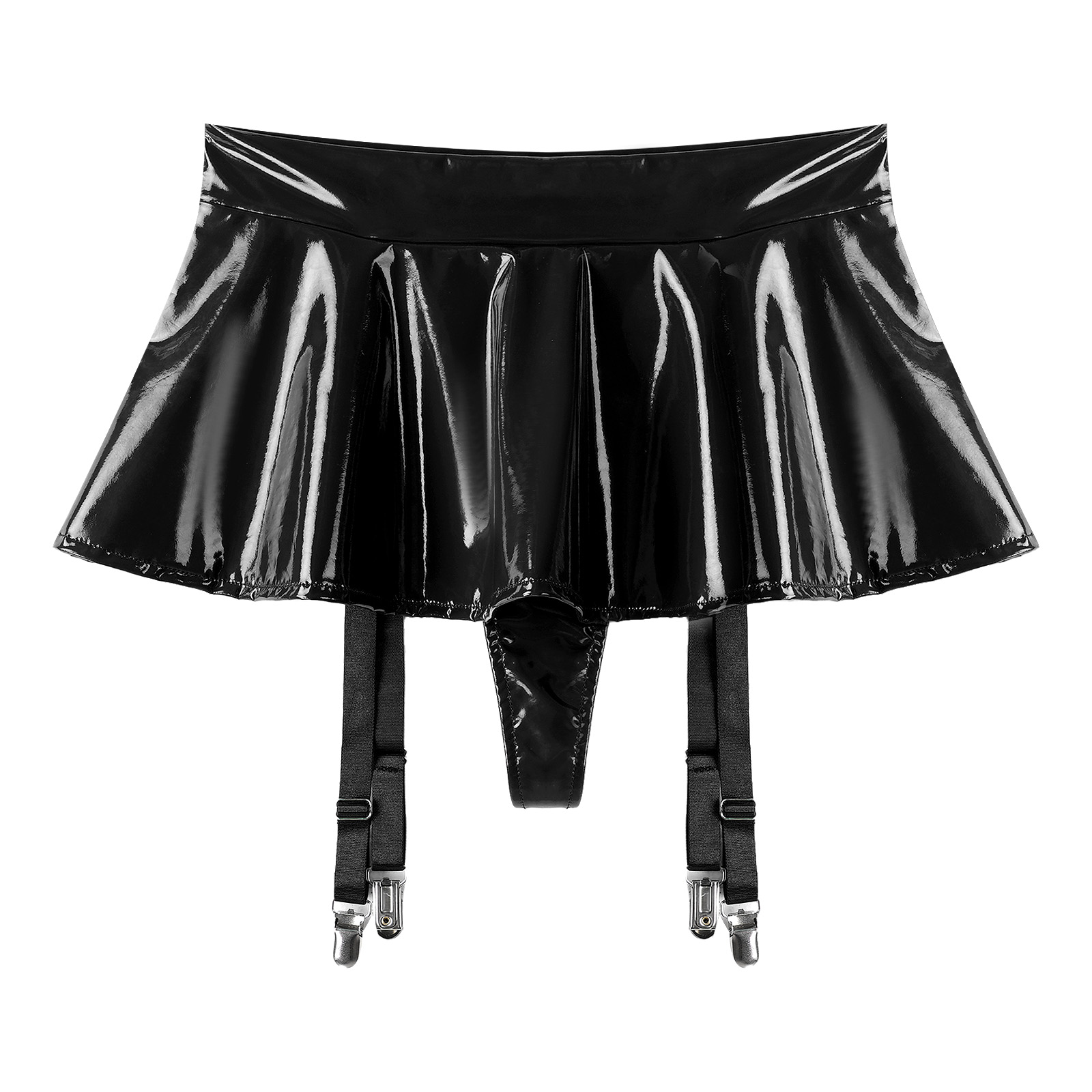 Sexy Women Latex Leather Ruffled Skirts Wetlook Party Low Waist Built-in Thongs Miniskirt with Garter Belts Clips Dance Clubwear