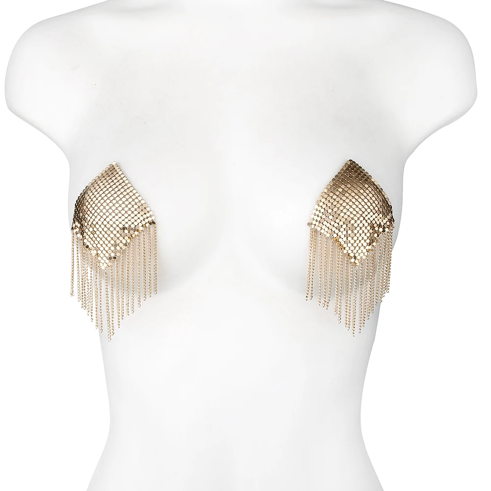 1 Pair Sexy Metal Nipple Stickers Women Chain Edge Tassel Breast Bra Nipple Cover Self Adhesive Heart Shape Bra Nipple Pasties