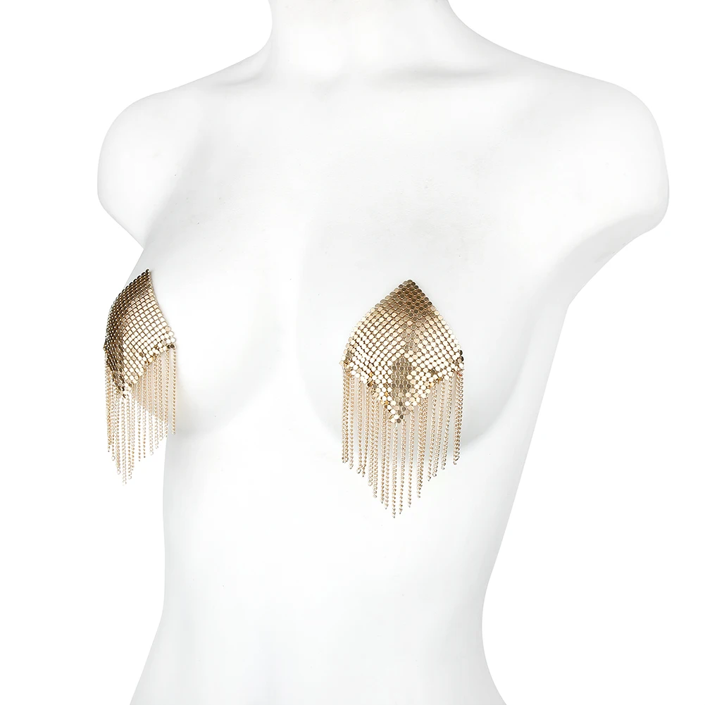 1 Pair Sexy Metal Nipple Stickers Women Chain Edge Tassel Breast Bra Nipple Cover Self Adhesive Heart Shape Bra Nipple Pasties
