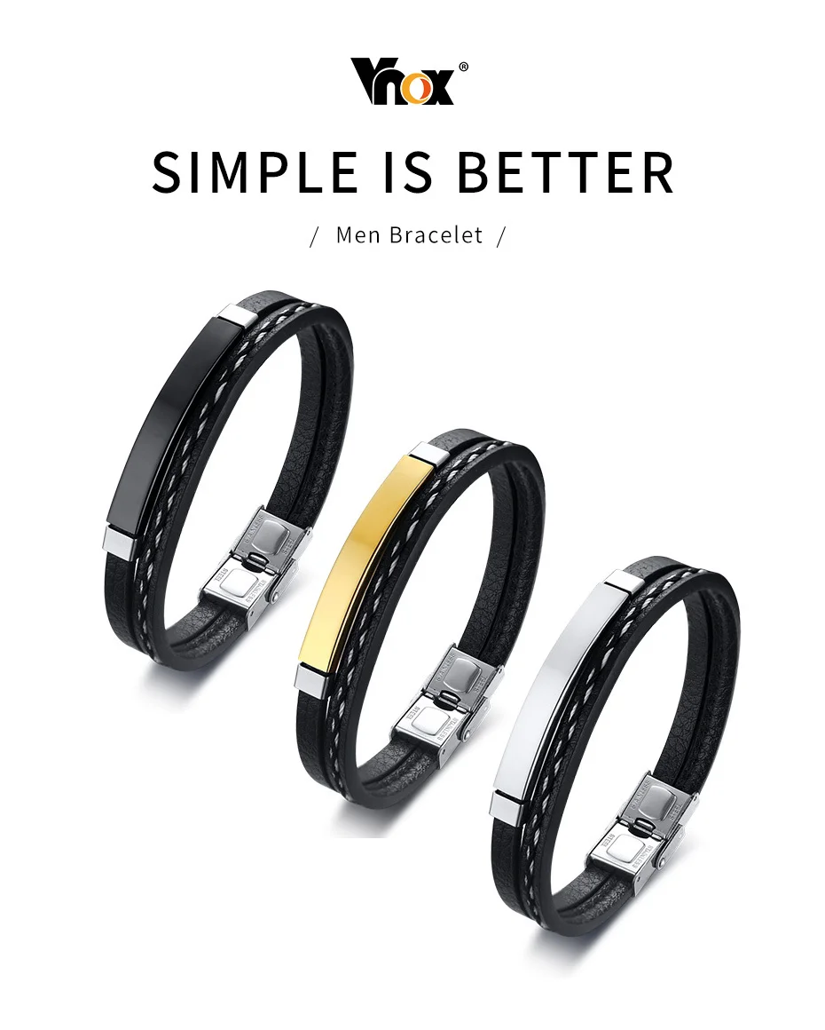 Vnox Unique Sew Lines Genuine Leather Bracelets for Men Women Stainless Steel Bar Layered Bangle Causal Pulseira