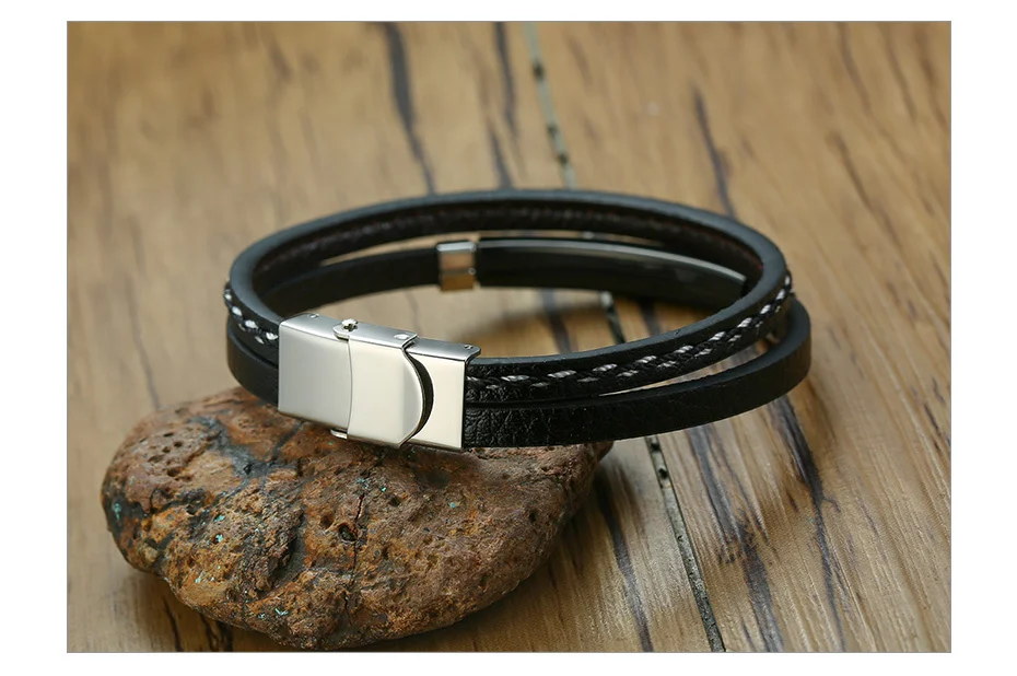 Vnox Unique Sew Lines Genuine Leather Bracelets for Men Women Stainless Steel Bar Layered Bangle Causal Pulseira