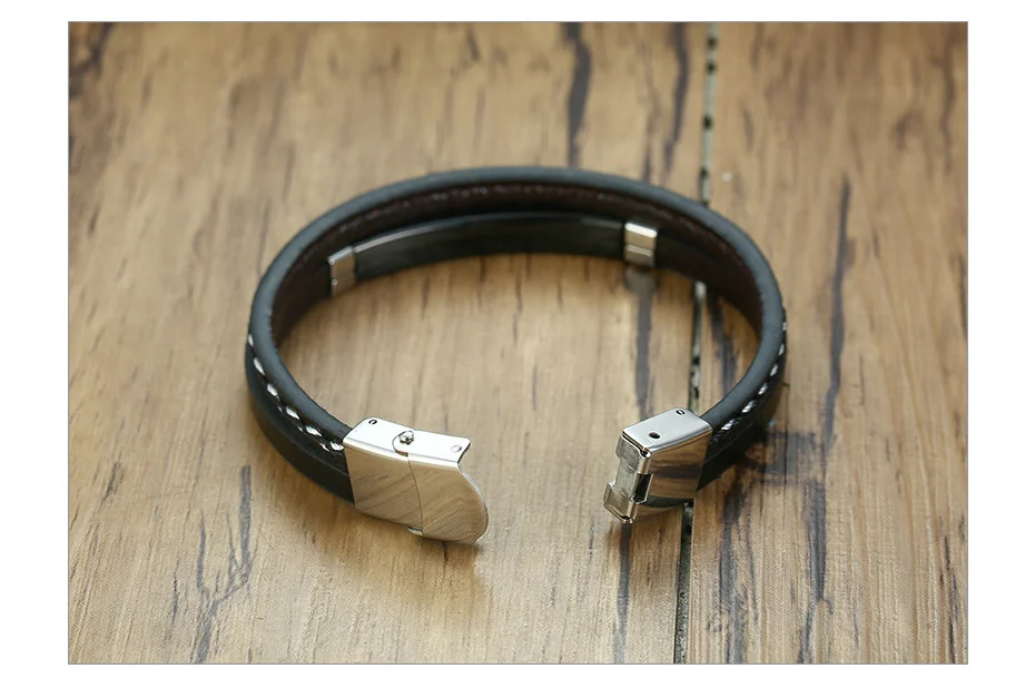 Vnox Unique Sew Lines Genuine Leather Bracelets for Men Women Stainless Steel Bar Layered Bangle Causal Pulseira