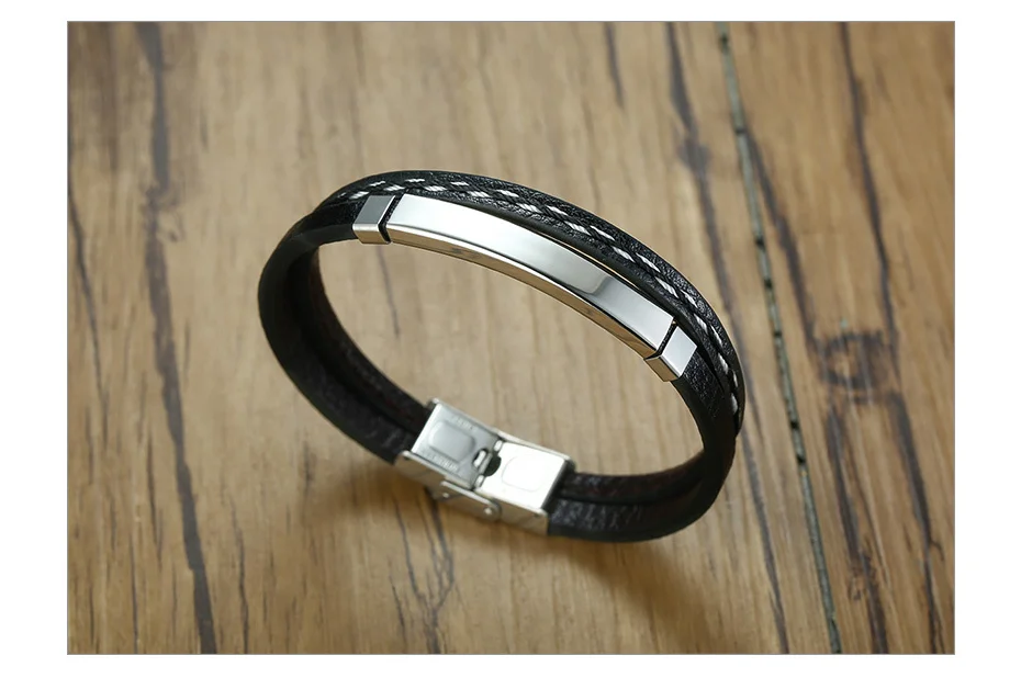 Vnox Unique Sew Lines Genuine Leather Bracelets for Men Women Stainless Steel Bar Layered Bangle Causal Pulseira