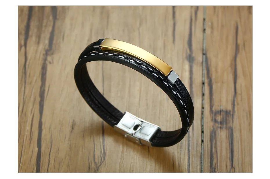 Vnox Unique Sew Lines Genuine Leather Bracelets for Men Women Stainless Steel Bar Layered Bangle Causal Pulseira