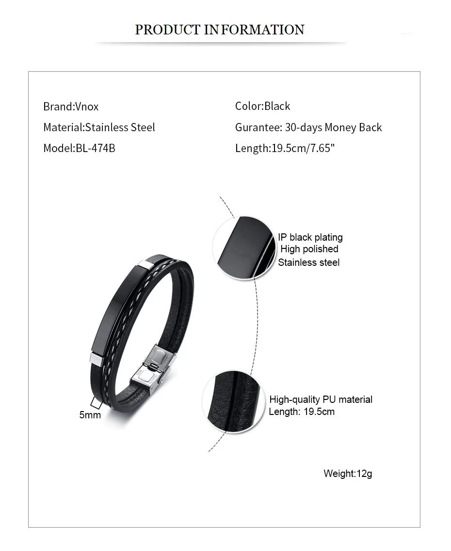 Vnox Unique Sew Lines Genuine Leather Bracelets for Men Women Stainless Steel Bar Layered Bangle Causal Pulseira