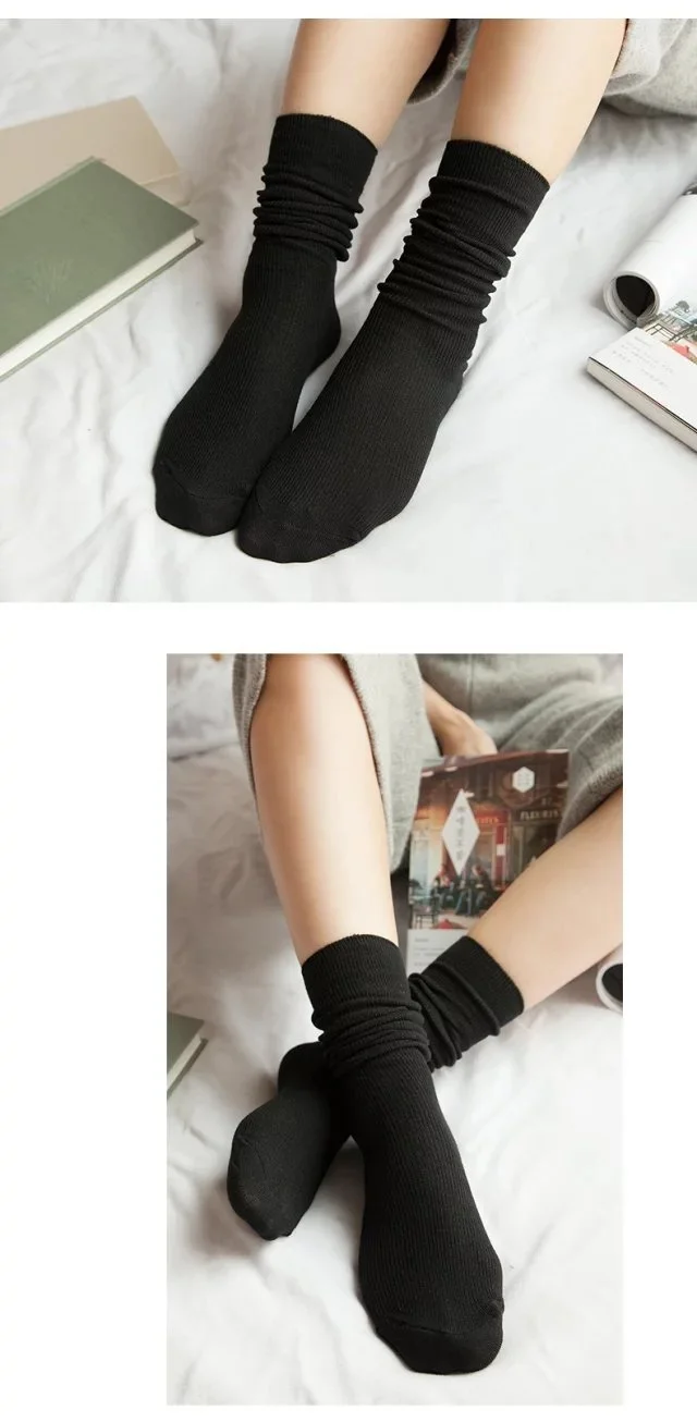 CHAOZHU  Japanese Korean High School Girls High Socks Loose Solid Colors Double Needles Knitting Cotton Long Socks For Women