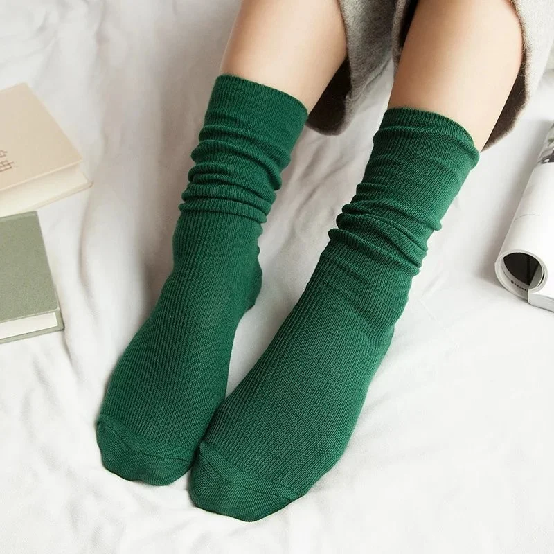 CHAOZHU  Japanese Korean High School Girls High Socks Loose Solid Colors Double Needles Knitting Cotton Long Socks For Women