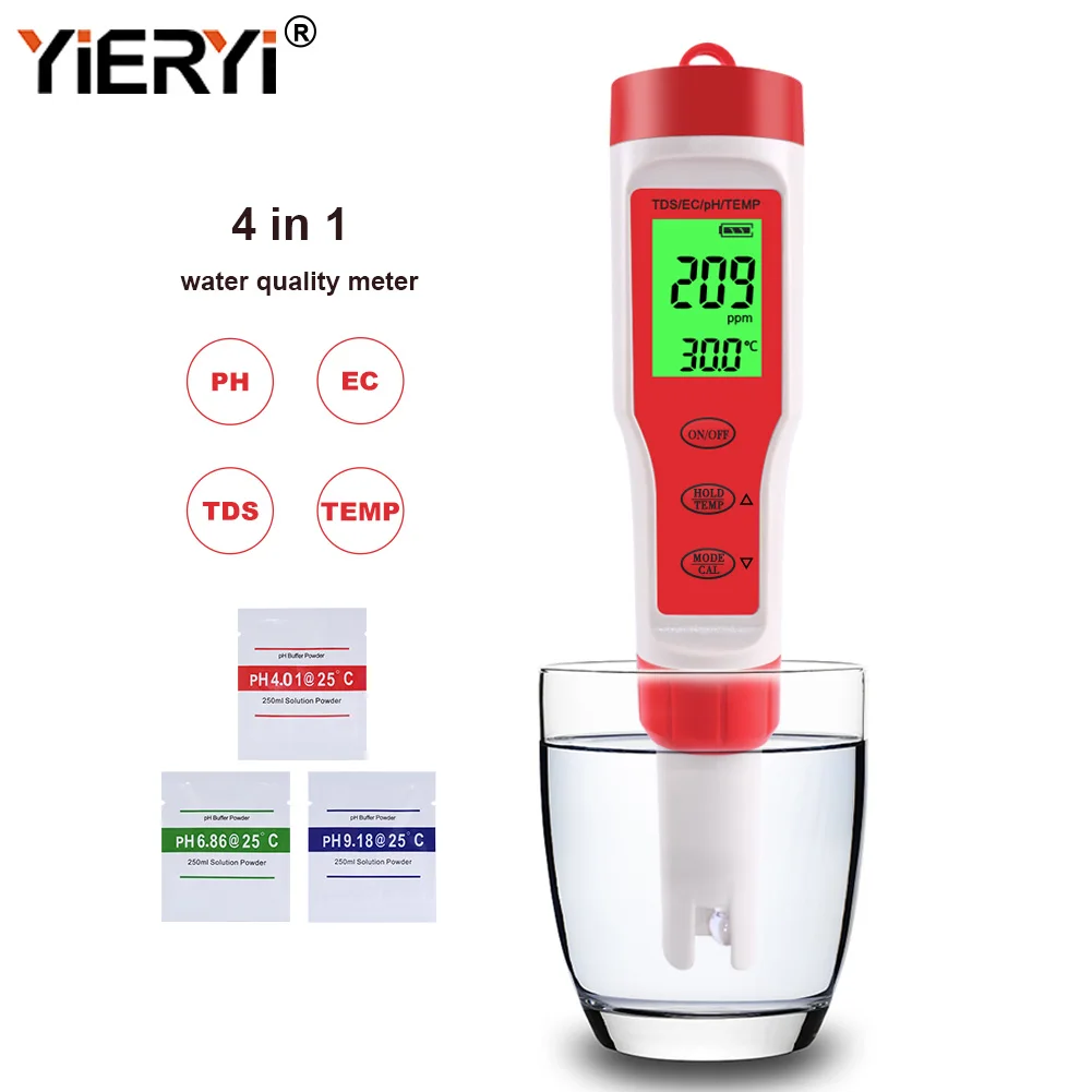 Yieryi New TDS PH Meter PH/TDS/EC/Temperature Digital Water Quality Monitor Tester for Pools, Drinking Water, Aquariums