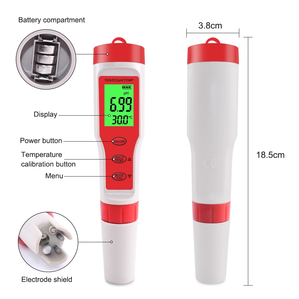 Yieryi New TDS PH Meter PH/TDS/EC/Temperature Digital Water Quality Monitor Tester for Pools, Drinking Water, Aquariums