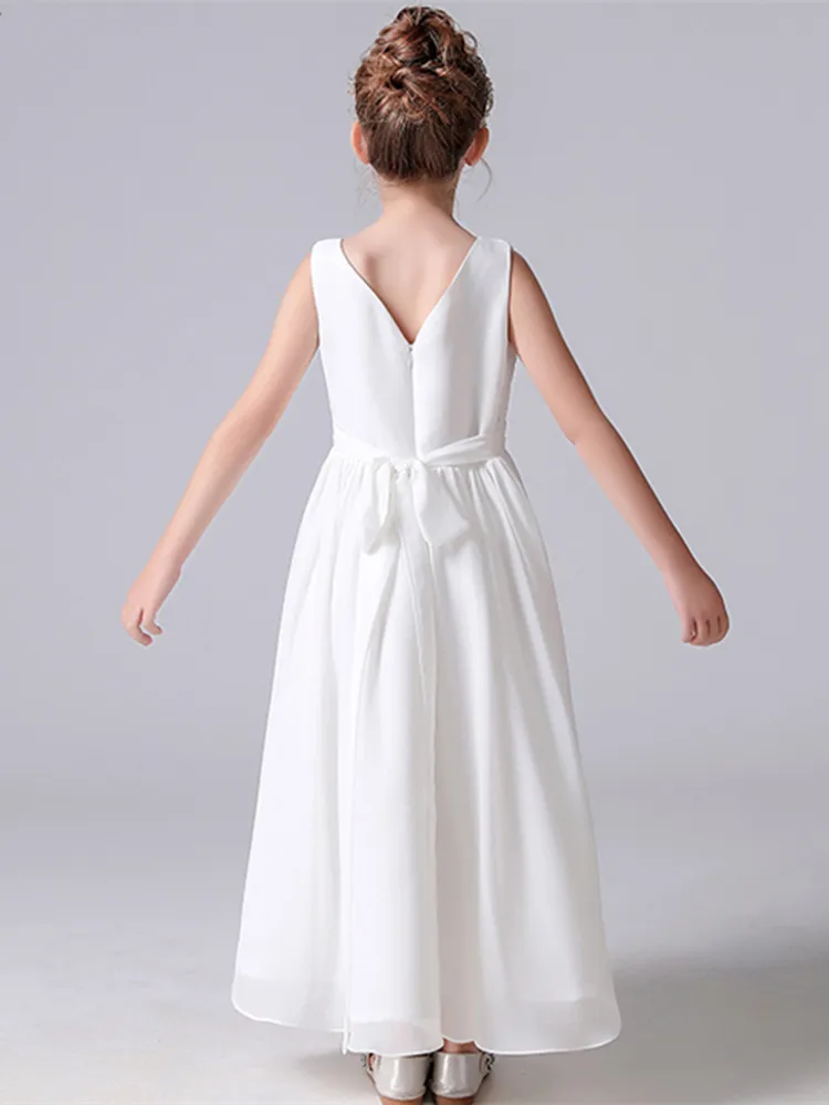 V Neck Sleeveless Girl Long Chiffon Maxi Dress Back Bow Kids Formal Gown Wedding Flower Girl Piano Recital Evening Party Costume