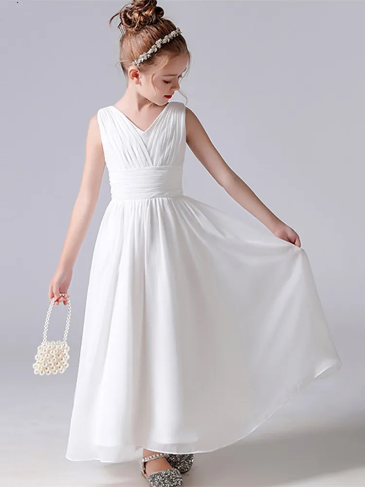V Neck Sleeveless Girl Long Chiffon Maxi Dress Back Bow Kids Formal Gown Wedding Flower Girl Piano Recital Evening Party Costume