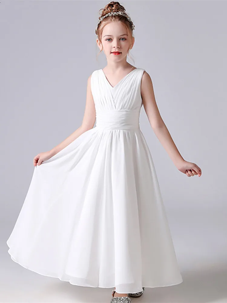 V Neck Sleeveless Girl Long Chiffon Maxi Dress Back Bow Kids Formal Gown Wedding Flower Girl Piano Recital Evening Party Costume