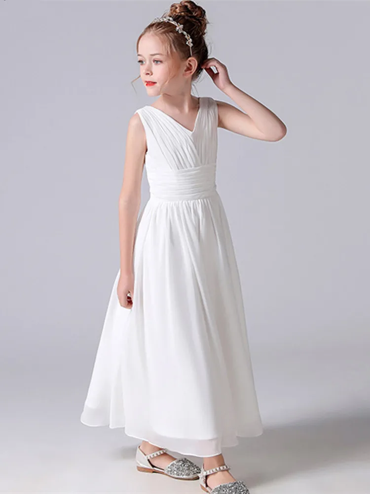 V Neck Sleeveless Girl Long Chiffon Maxi Dress Back Bow Kids Formal Gown Wedding Flower Girl Piano Recital Evening Party Costume