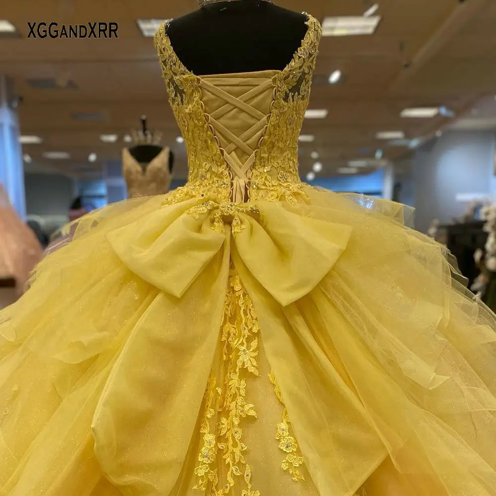 Customized Yellow Quinceanera Dresses 2025 V Neck Lace Appliques Sweet 16 Dress with Bow Birthday Ball Gown Vestidos De 15 Anos