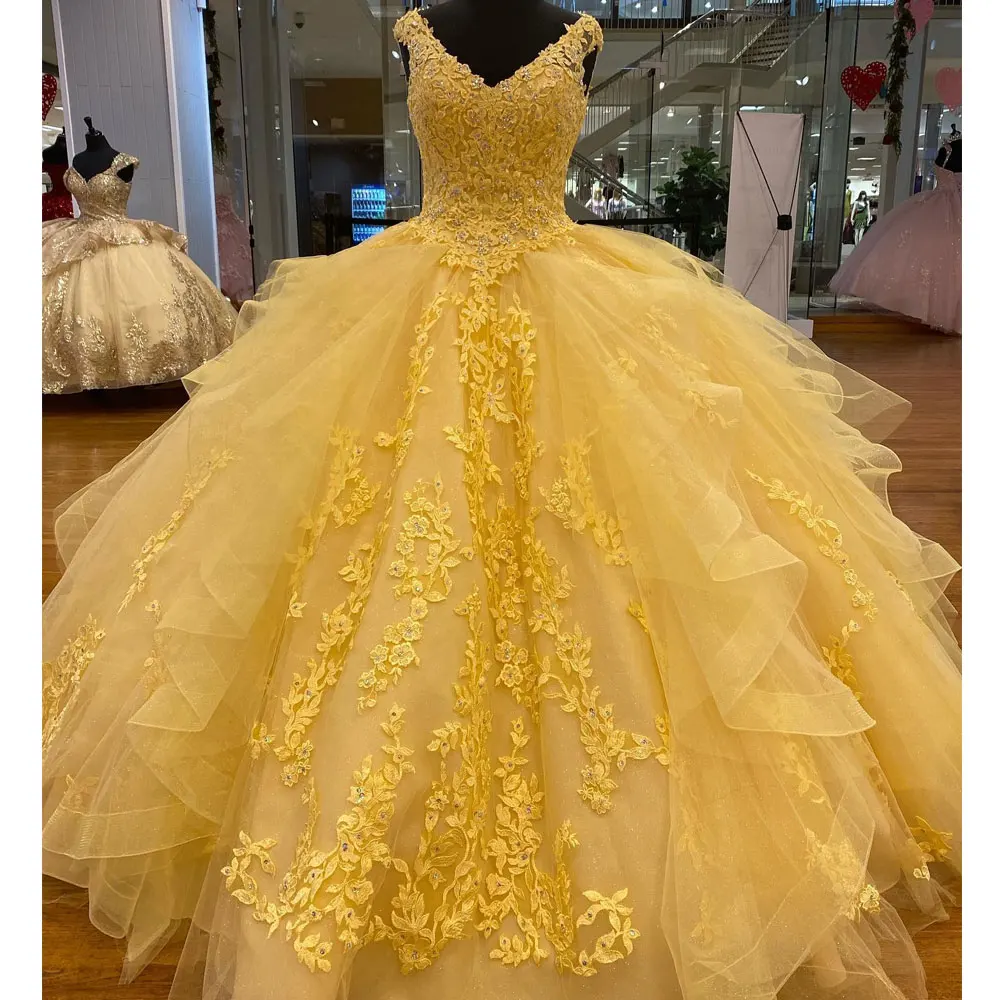Customized Yellow Quinceanera Dresses 2025 V Neck Lace Appliques Sweet 16 Dress with Bow Birthday Ball Gown Vestidos De 15 Anos