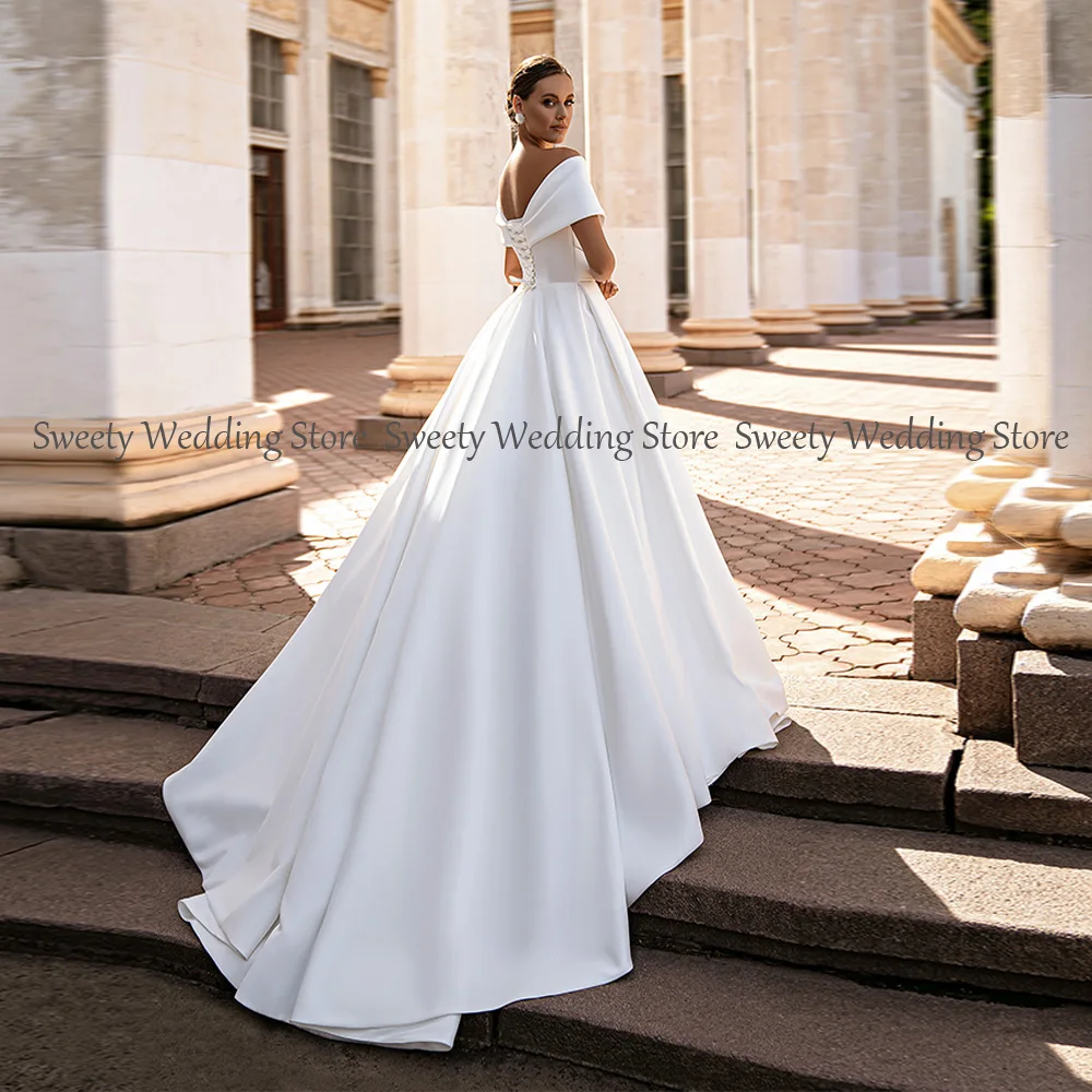Jiayigong Gorgeous Ball Gown Wedding Dresses Customized Off Shoulder V Neck Simple Satin Sweep Train Corset Bridal Dress