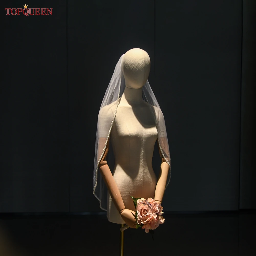 TOPQUEEN V134 Delicate Wedding Veils For Bride Pearls Wedding Veil With Crystals Edge Bridal Veils Wedding Crystal Beaded