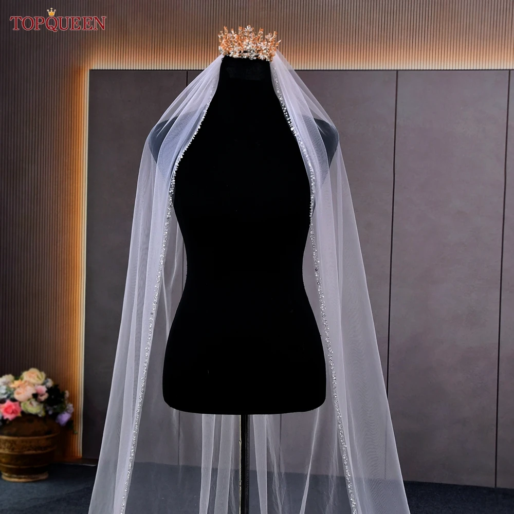 TOPQUEEN V134 Delicate Wedding Veils For Bride Pearls Wedding Veil With Crystals Edge Bridal Veils Wedding Crystal Beaded