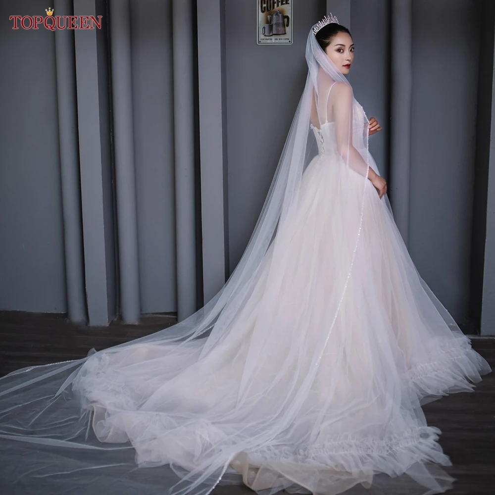 TOPQUEEN V134 Delicate Wedding Veils For Bride Pearls Wedding Veil With Crystals Edge Bridal Veils Wedding Crystal Beaded
