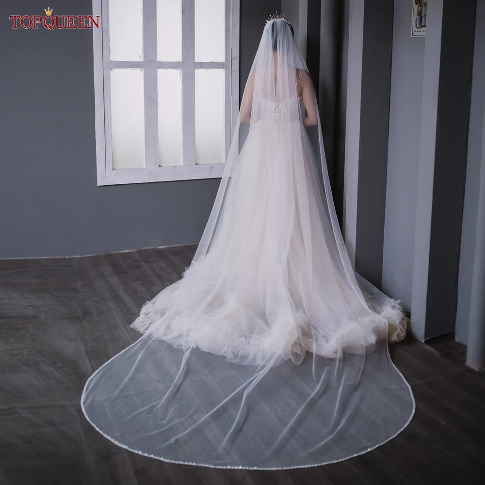 TOPQUEEN V134 Delicate Wedding Veils For Bride Pearls Wedding Veil With Crystals Edge Bridal Veils Wedding Crystal Beaded
