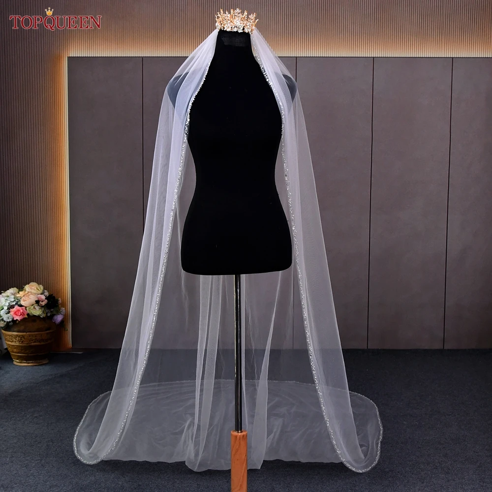TOPQUEEN V134 Delicate Wedding Veils For Bride Pearls Wedding Veil With Crystals Edge Bridal Veils Wedding Crystal Beaded