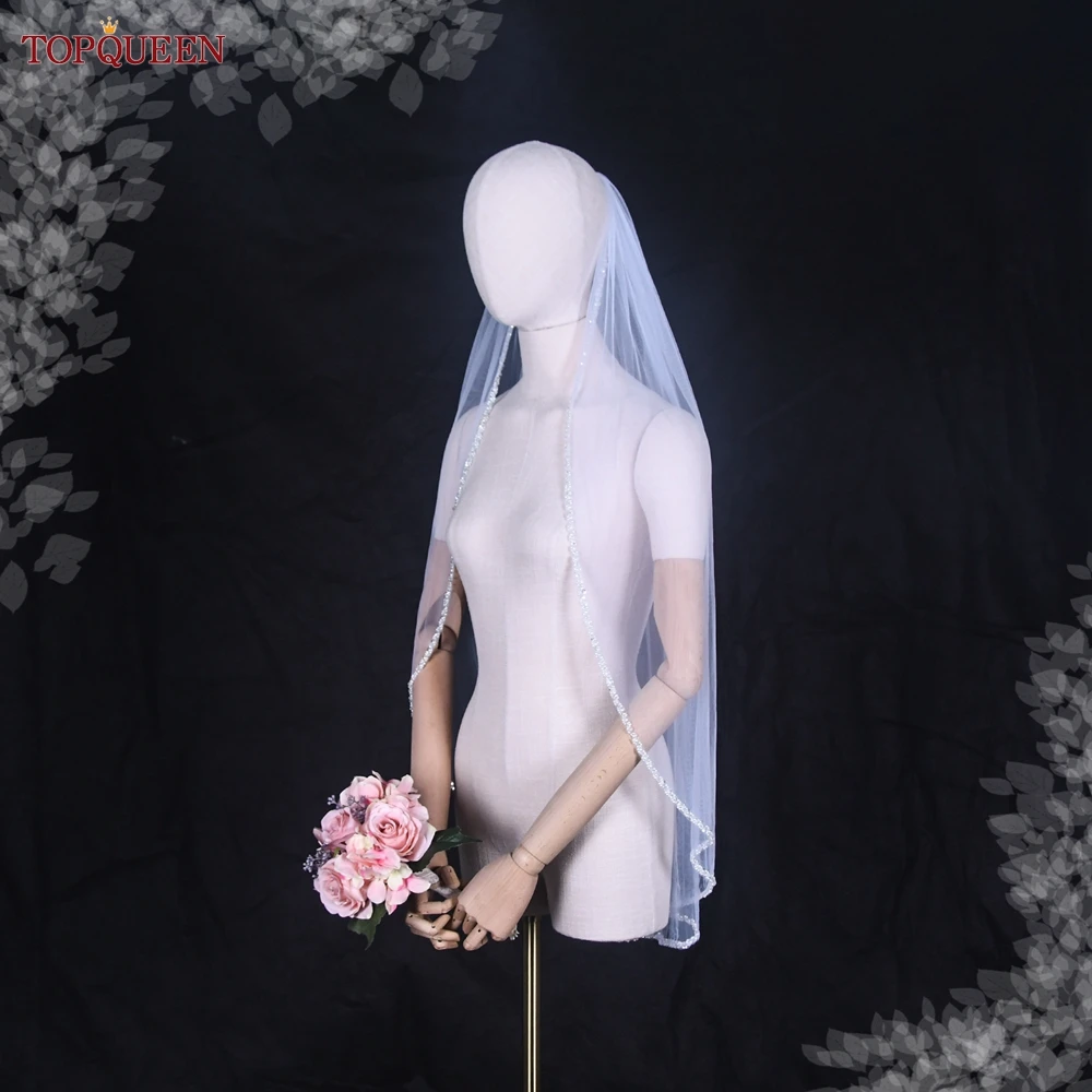 TOPQUEEN V134 Delicate Wedding Veils For Bride Pearls Wedding Veil With Crystals Edge Bridal Veils Wedding Crystal Beaded