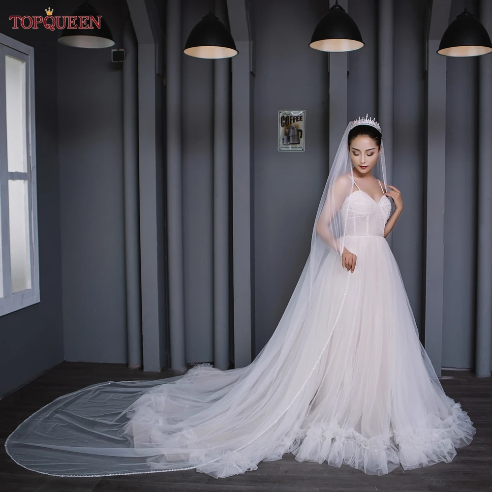 TOPQUEEN V134 Delicate Wedding Veils For Bride Pearls Wedding Veil With Crystals Edge Bridal Veils Wedding Crystal Beaded