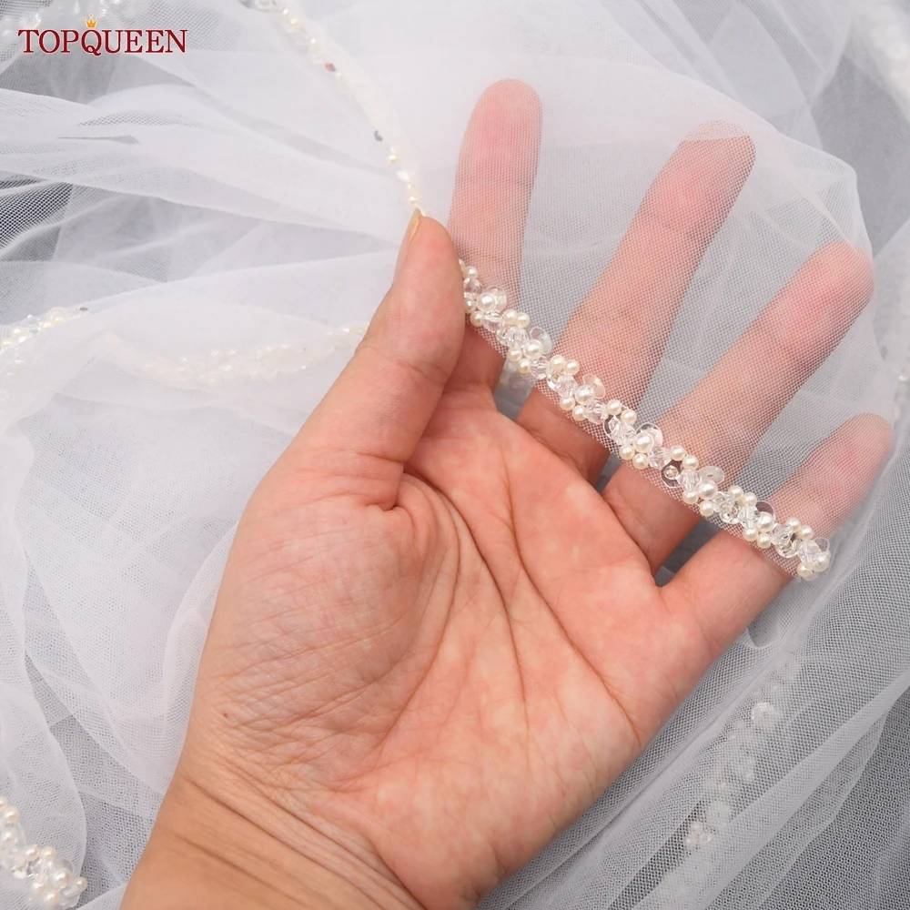TOPQUEEN V134 Delicate Wedding Veils For Bride Pearls Wedding Veil With Crystals Edge Bridal Veils Wedding Crystal Beaded