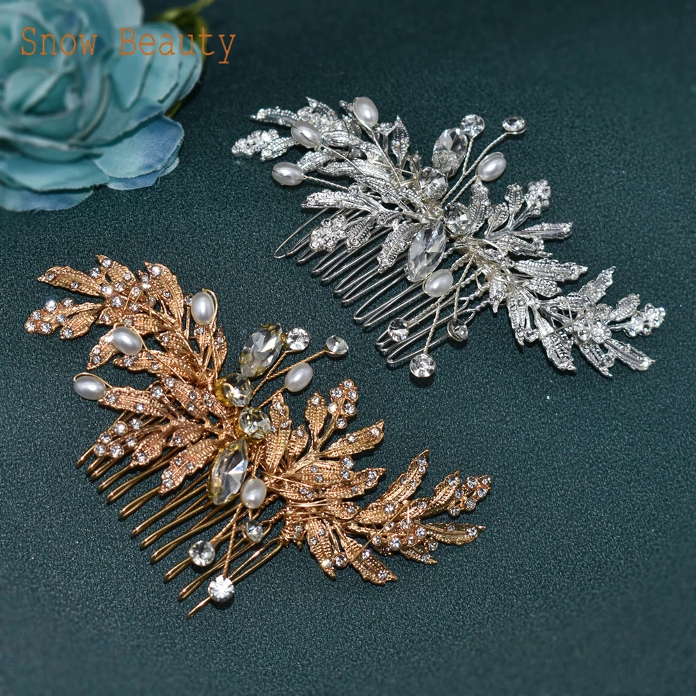 A83 Fashion Wedding Hair Accessories Alloy Leaves Bridal Hair Clips for Women Headpieces Handmade Rhinestone Bride Headdress