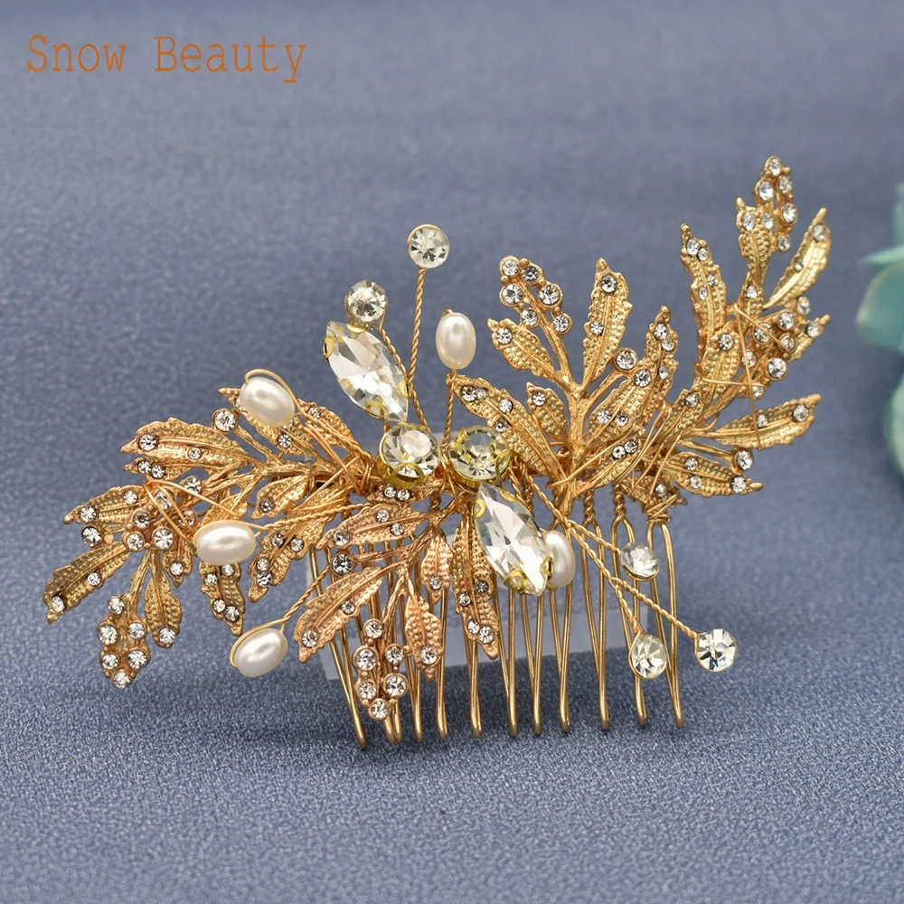 A83 Fashion Wedding Hair Accessories Alloy Leaves Bridal Hair Clips for Women Headpieces Handmade Rhinestone Bride Headdress