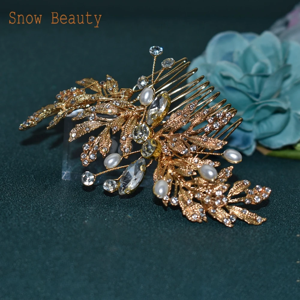 A83 Fashion Wedding Hair Accessories Alloy Leaves Bridal Hair Clips for Women Headpieces Handmade Rhinestone Bride Headdress