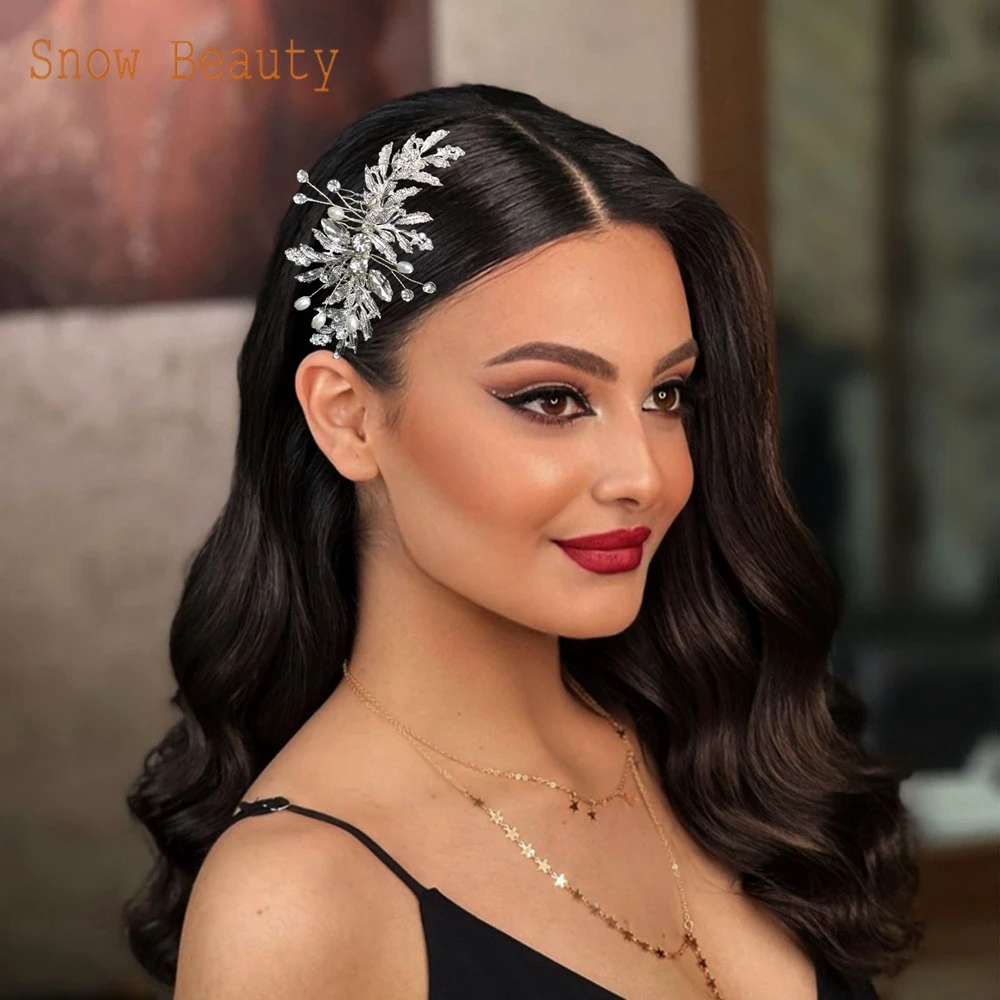 A83 Fashion Wedding Hair Accessories Alloy Leaves Bridal Hair Clips for Women Headpieces Handmade Rhinestone Bride Headdress