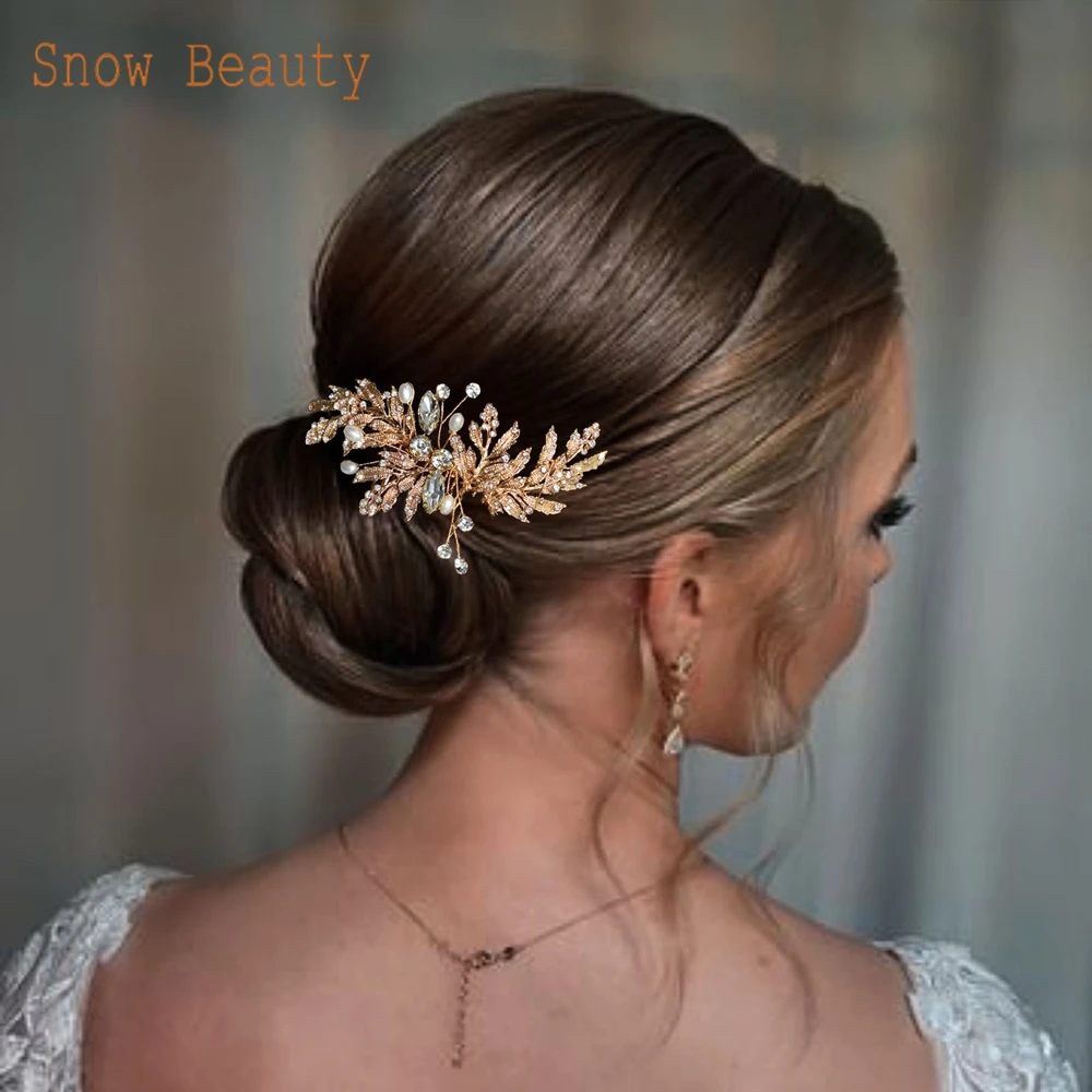 A83 Fashion Wedding Hair Accessories Alloy Leaves Bridal Hair Clips for Women Headpieces Handmade Rhinestone Bride Headdress