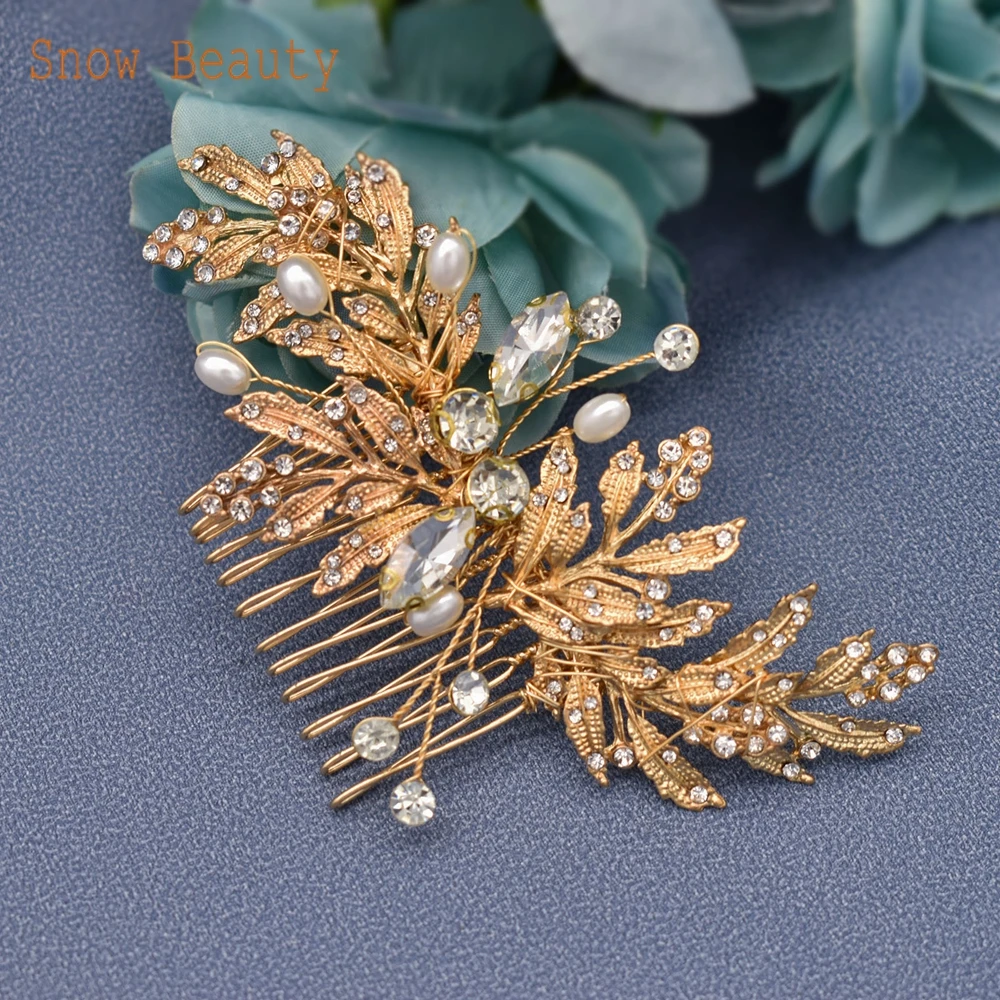 A83 Fashion Wedding Hair Accessories Alloy Leaves Bridal Hair Clips for Women Headpieces Handmade Rhinestone Bride Headdress