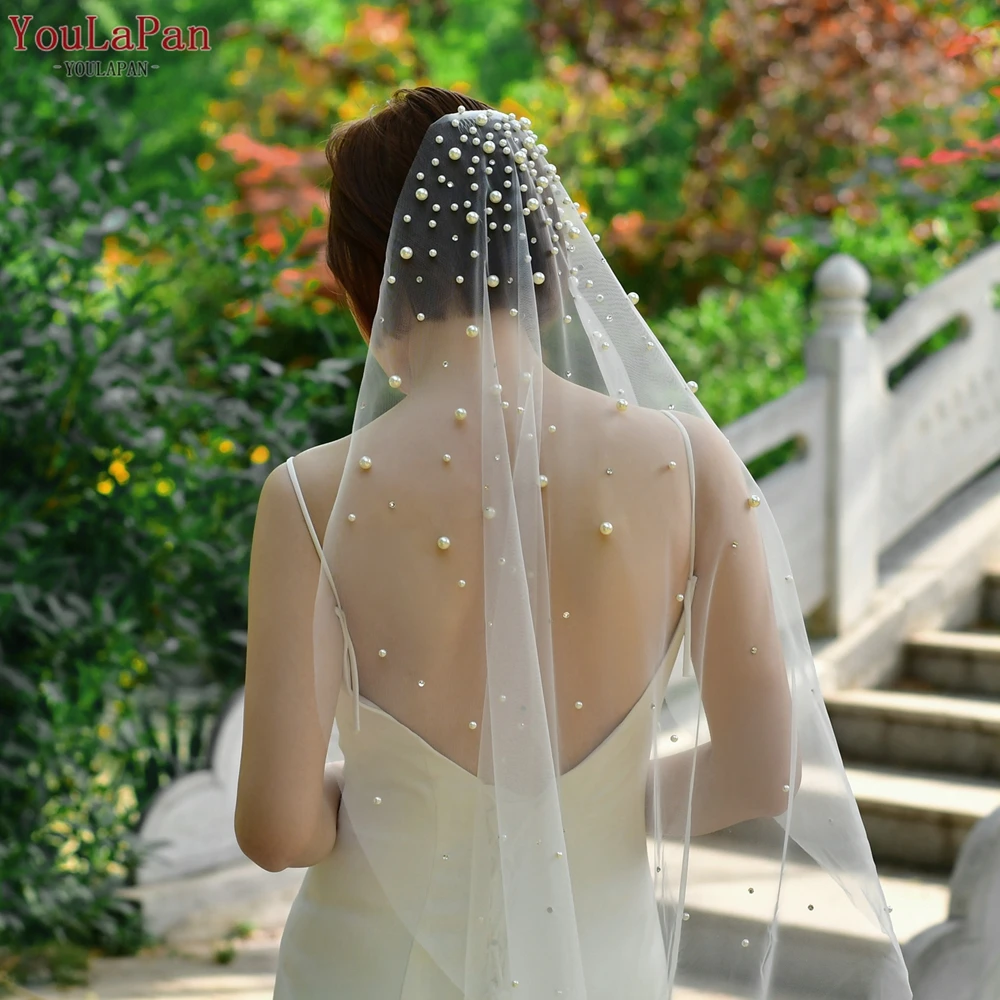YouLaPan Rhinestones Bridal Veil Pearl Wedding Veil with Hair Comb 1 Tier Long Crystal Rhinestone Scatter Wedding Veil V135