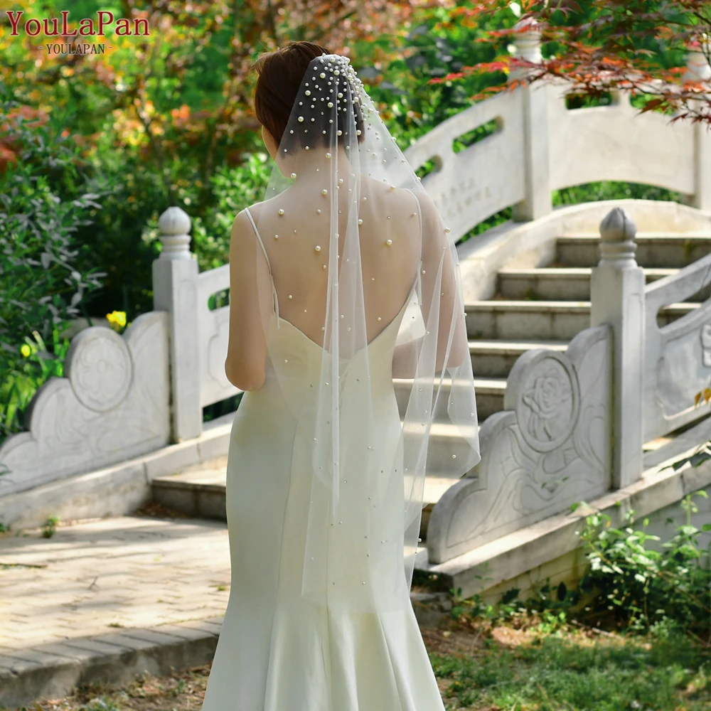 YouLaPan Rhinestones Bridal Veil Pearl Wedding Veil with Hair Comb 1 Tier Long Crystal Rhinestone Scatter Wedding Veil V135