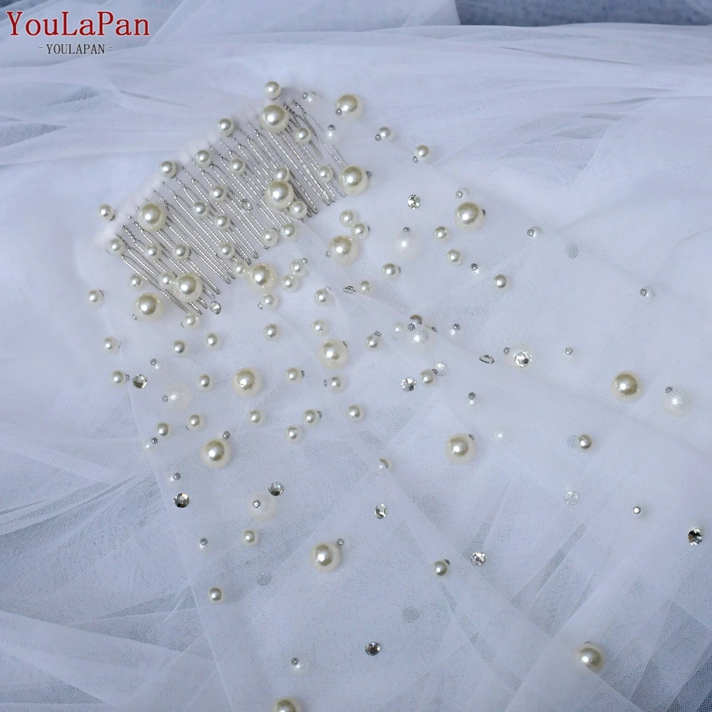 YouLaPan Rhinestones Bridal Veil Pearl Wedding Veil with Hair Comb 1 Tier Long Crystal Rhinestone Scatter Wedding Veil V135