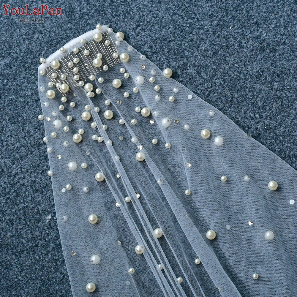 YouLaPan Rhinestones Bridal Veil Pearl Wedding Veil with Hair Comb 1 Tier Long Crystal Rhinestone Scatter Wedding Veil V135
