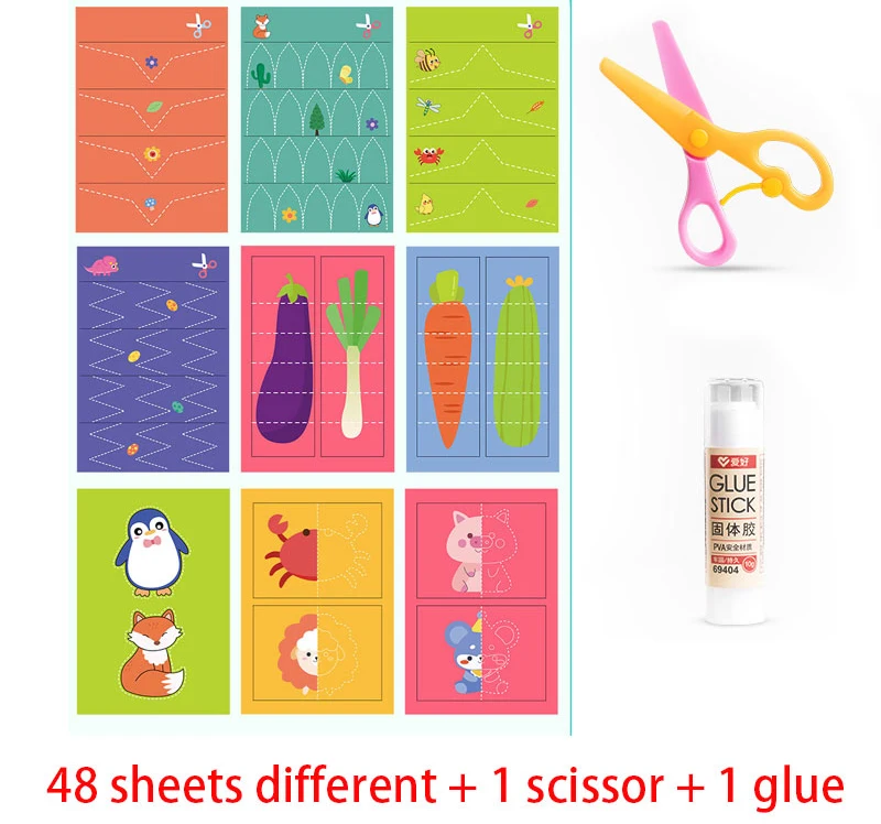 49-91pcs Learn Scissor Skills Cut Paper Craft Toys Safety Scissors Preschool Cutting Practice Activity Book Toddlers Kids Gifts
