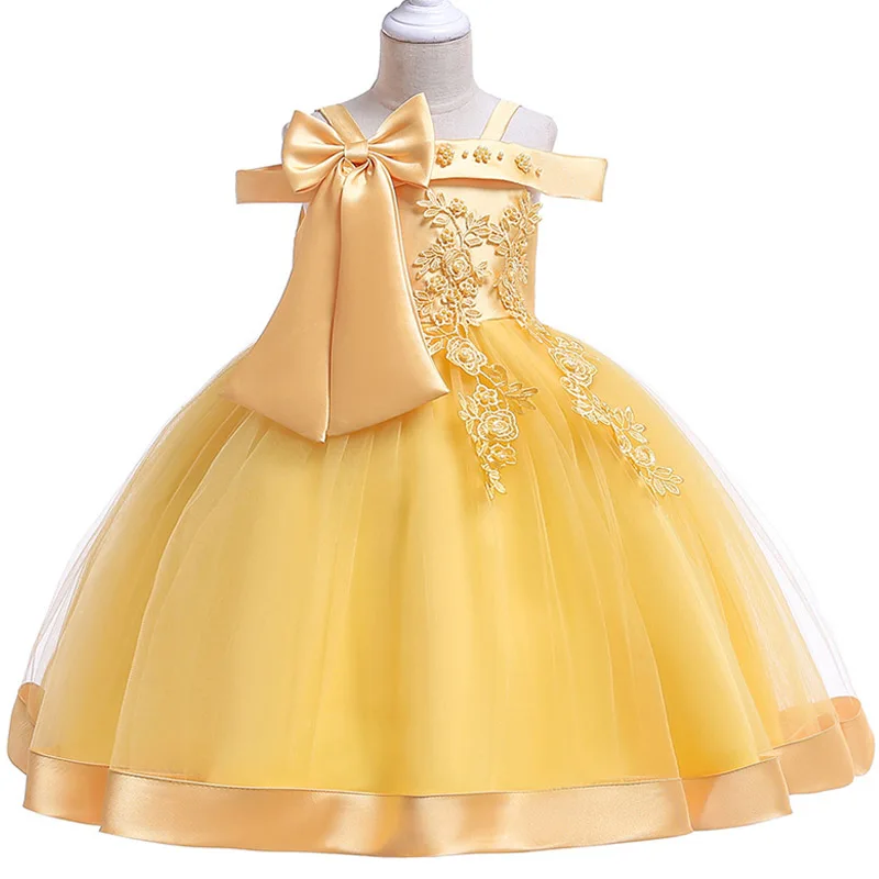 3-10 Years Kids Christmas Party Dresses For Girls Appliques Flower Elegant Wedding Dress With Bow Children Birthday Prom Gown