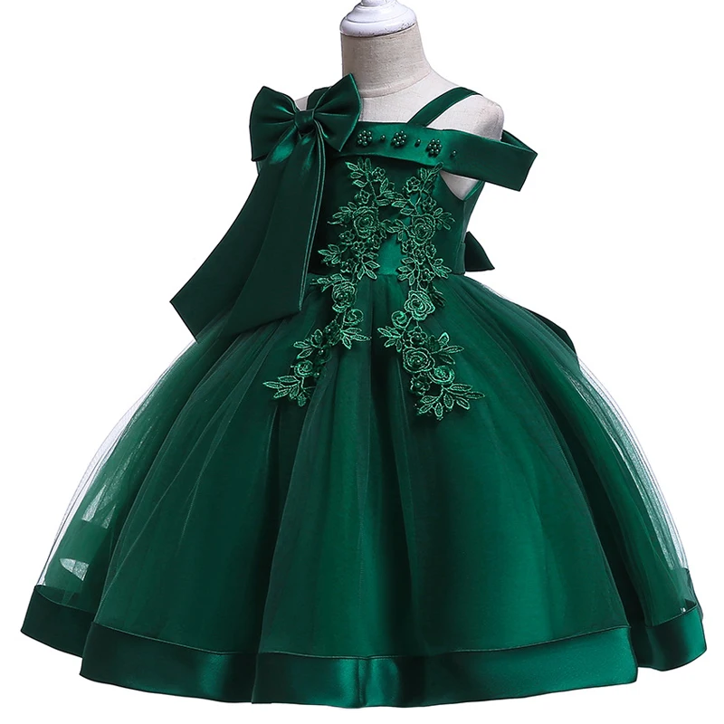 3-10 Years Kids Christmas Party Dresses For Girls Appliques Flower Elegant Wedding Dress With Bow Children Birthday Prom Gown