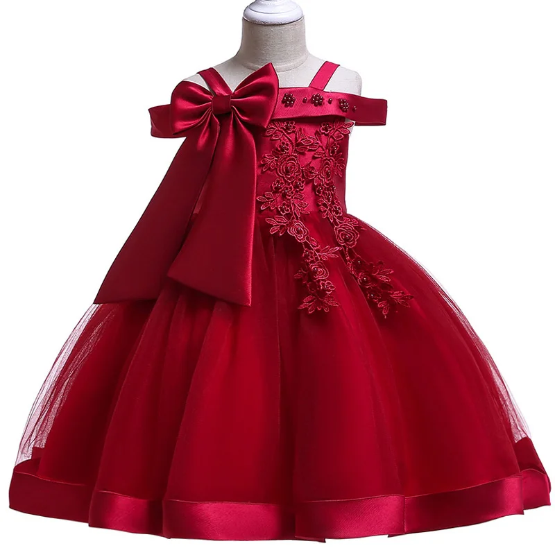 3-10 Years Kids Christmas Party Dresses For Girls Appliques Flower Elegant Wedding Dress With Bow Children Birthday Prom Gown