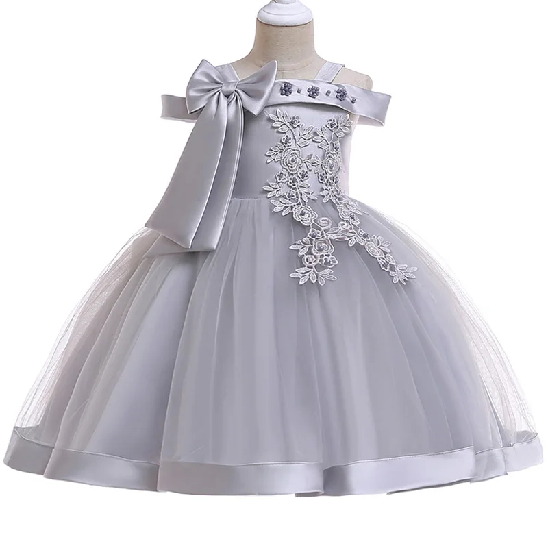 3-10 Years Kids Christmas Party Dresses For Girls Appliques Flower Elegant Wedding Dress With Bow Children Birthday Prom Gown