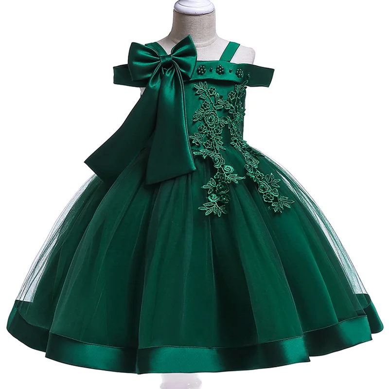 3-10 Years Kids Christmas Party Dresses For Girls Appliques Flower Elegant Wedding Dress With Bow Children Birthday Prom Gown
