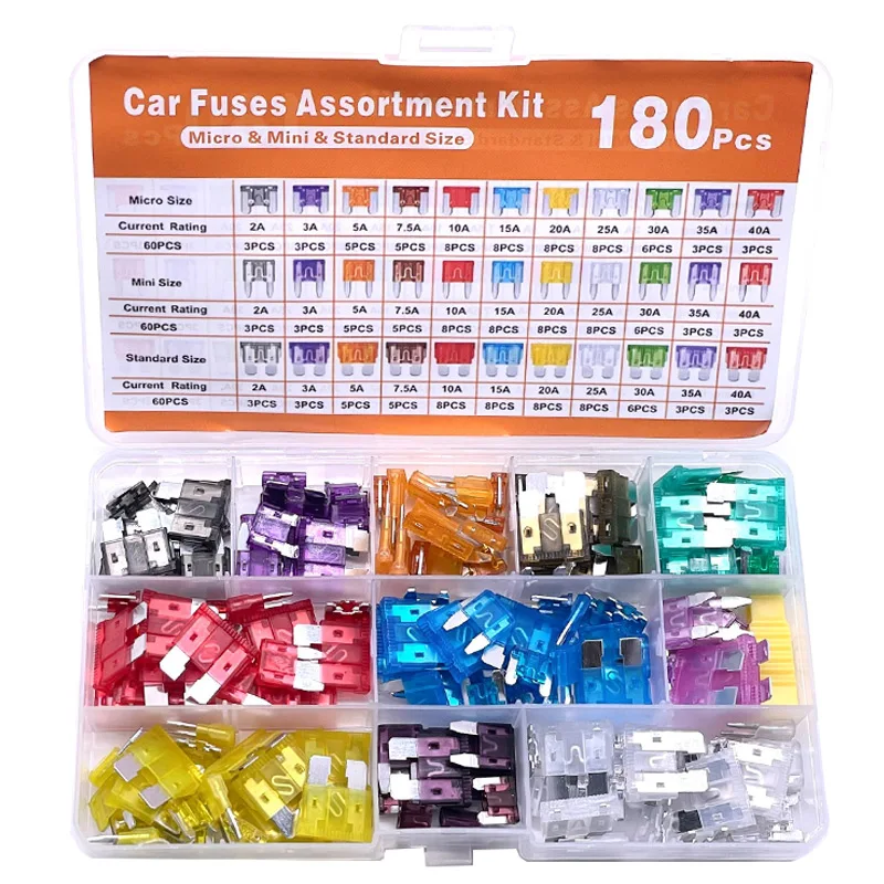 180Pcs Car Fuses Assorted Kit, 60 Mini Blade Car Fuse +60 Standard Fuse Automotive +60 Micro Fuse + Fuse Puller