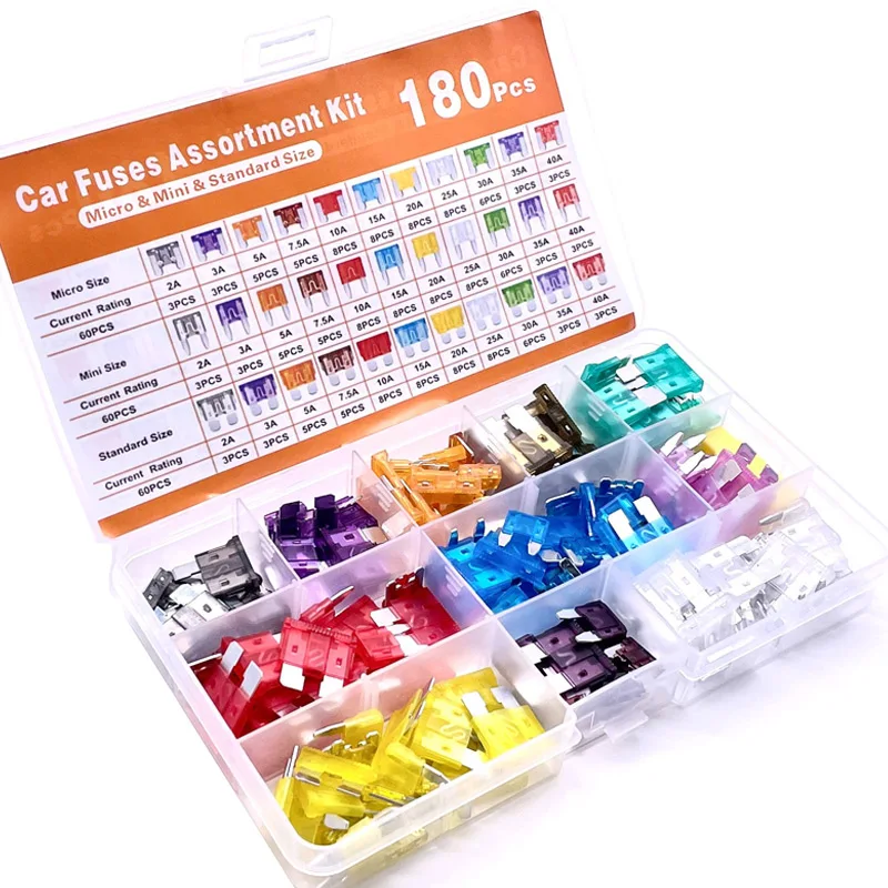 180Pcs Car Fuses Assorted Kit, 60 Mini Blade Car Fuse +60 Standard Fuse Automotive +60 Micro Fuse + Fuse Puller