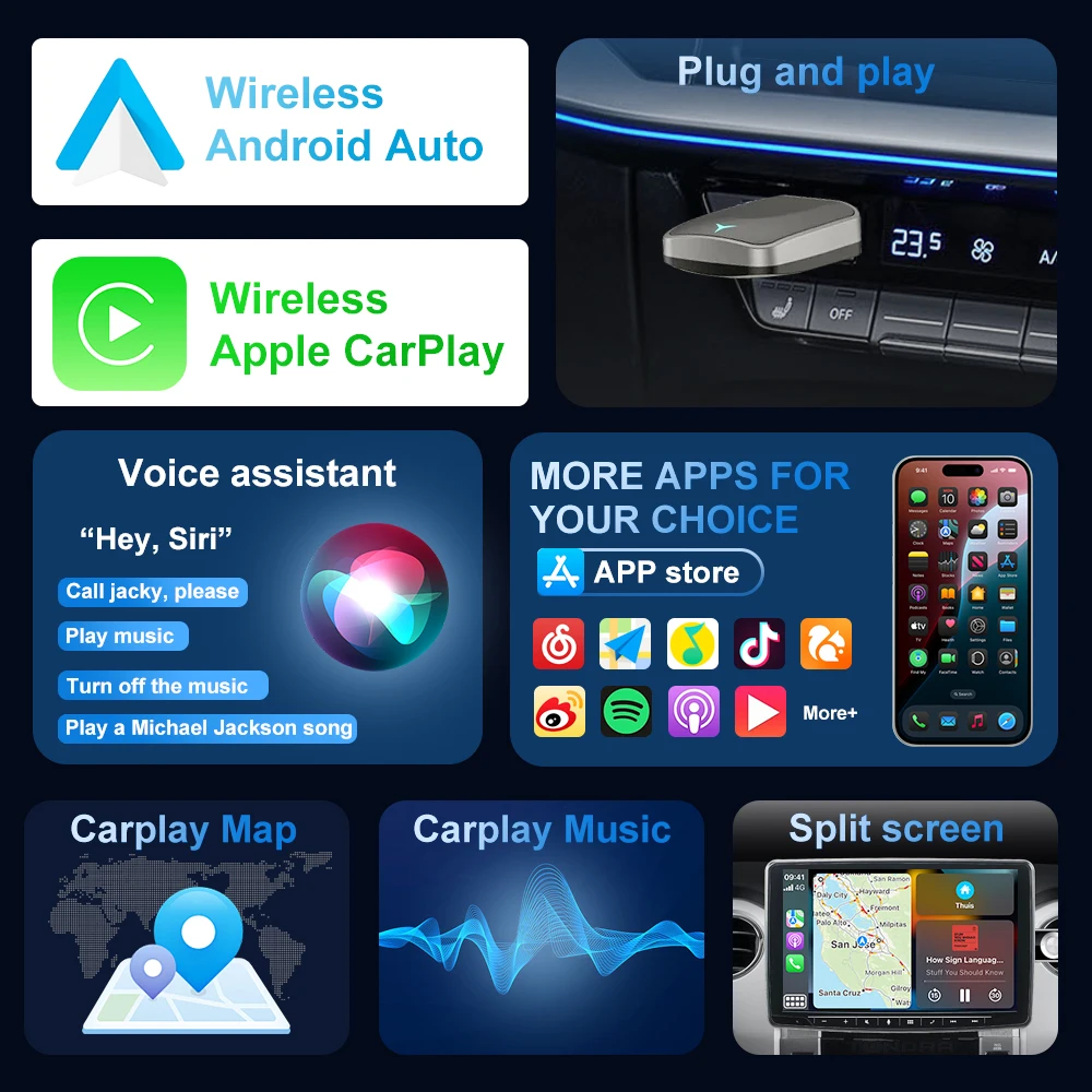 2026 Wireless CarPlay Adapter 2-in-1 Wired to Wireless Dongle for Apple & Android Auto Plug and Play Universal Car Accessory