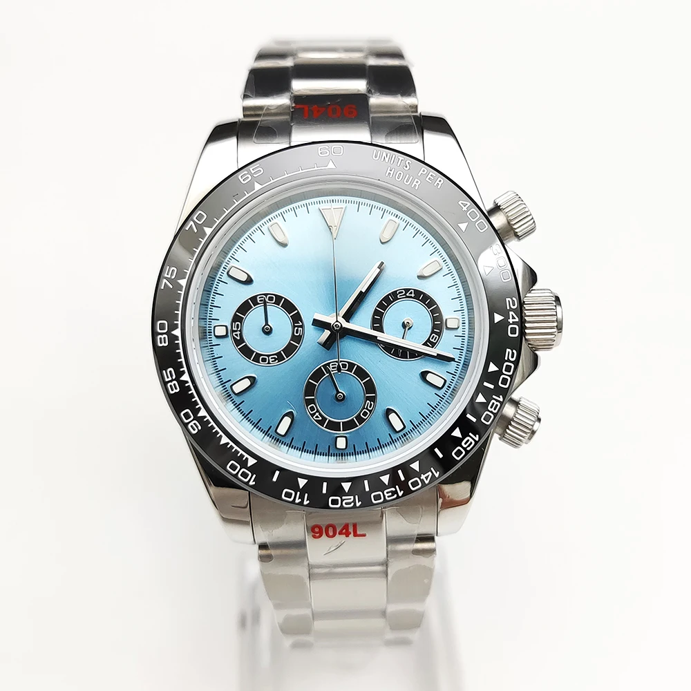 20 Color Business 39mm Quartz Watch Men's Timing Sapphire Crystal VK63 Movement Calendar Luminous Blue Dial Stainless Steel Stra