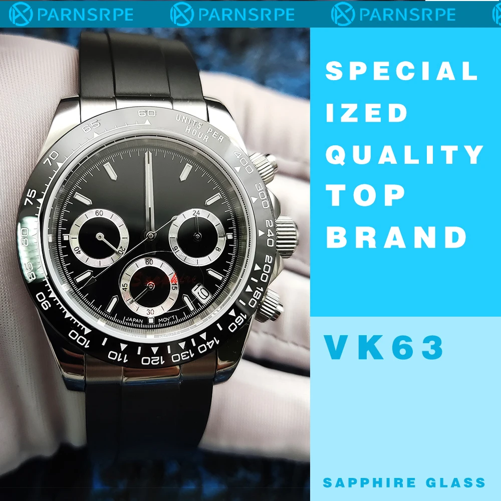 20 Color Business 39mm Quartz Watch Men's Timing Sapphire Crystal VK63 Movement Calendar Luminous Blue Dial Stainless Steel Stra